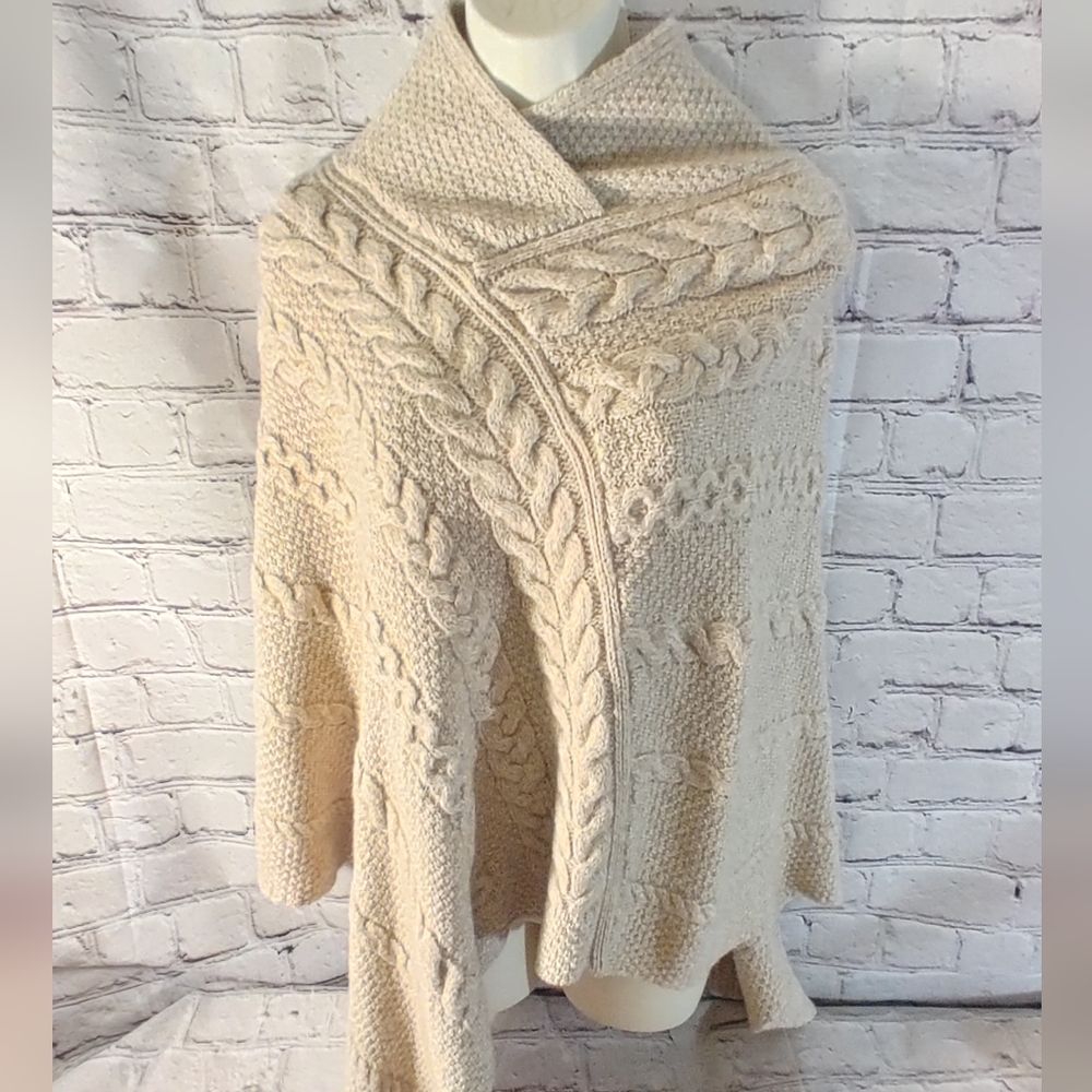 Inis Crafts Merino Wool Cable Knit Tan Poncho Shawl